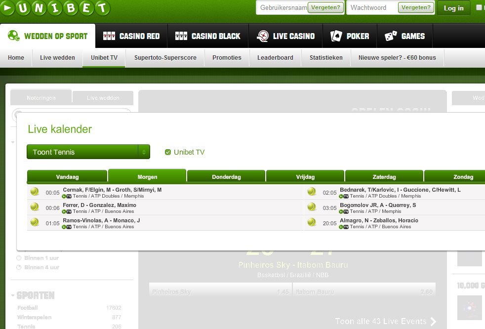 Unibet TV tenniskalender